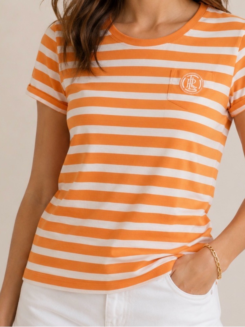 Ralph Lauren Active Orange and White Striped Tee Size Small